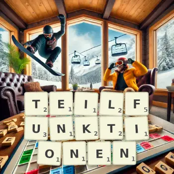 Kreative Illustration für ein Scrabble-Spiel, bei dem das Wort TEILFUNKTIONEN mit Steinen auf dem Brett gelegt wurde.