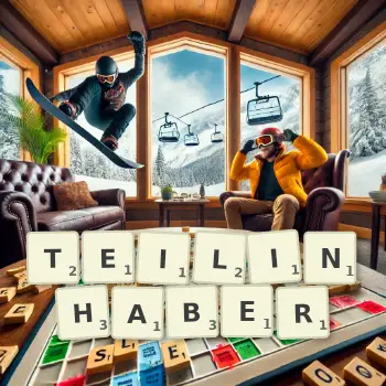 Kreative Illustration für ein Scrabble-Spiel, bei dem das Wort TEILINHABER mit Steinen auf dem Brett gelegt wurde.