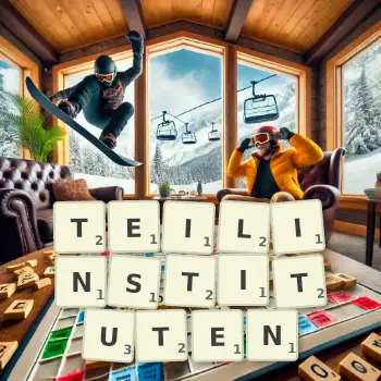 Kreative Illustration für ein Scrabble-Spiel, bei dem das Wort TEILINSTITUTEN mit Steinen auf dem Brett gelegt wurde.