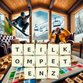 Kreative Illustration für ein Scrabble-Spiel, bei dem das Wort TEILKOMPETENZ mit Steinen auf dem Brett gelegt wurde.
