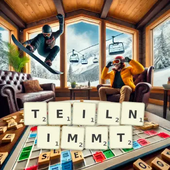 Kreative Illustration für ein Scrabble-Spiel, bei dem das Wort TEILNIMMT mit Steinen auf dem Brett gelegt wurde.