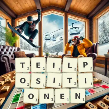 Kreative Illustration für ein Scrabble-Spiel, bei dem das Wort TEILPOSITIONEN mit Steinen auf dem Brett gelegt wurde.