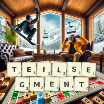 Kreative Illustration für ein Scrabble-Spiel, bei dem das Wort TEILSEGMENT mit Steinen auf dem Brett gelegt wurde.