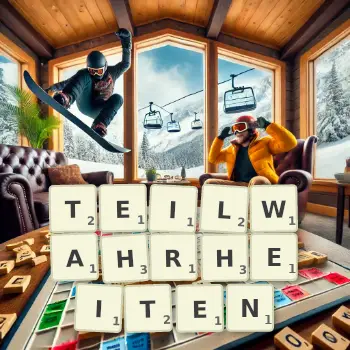 Kreative Illustration für ein Scrabble-Spiel, bei dem das Wort TEILWAHRHEITEN mit Steinen auf dem Brett gelegt wurde.