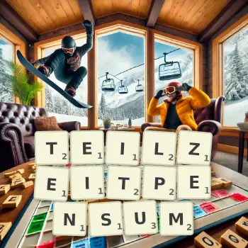 Kreative Illustration für ein Scrabble-Spiel, bei dem das Wort TEILZEITPENSUM mit Steinen auf dem Brett gelegt wurde.