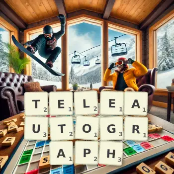Kreative Illustration für ein Scrabble-Spiel, bei dem das Wort TELEAUTOGRAPH mit Steinen auf dem Brett gelegt wurde.