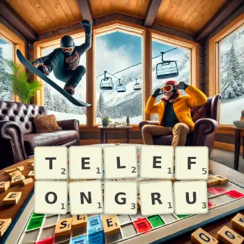 Kreative Illustration für ein Scrabble-Spiel, bei dem das Wort TELEFONGRU mit Steinen auf dem Brett gelegt wurde.