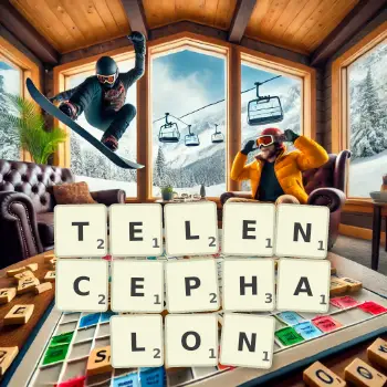 Kreative Illustration für ein Scrabble-Spiel, bei dem das Wort TELENCEPHALON mit Steinen auf dem Brett gelegt wurde.