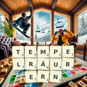 Kreative Illustration für ein Scrabble-Spiel, bei dem das Wort TEMPELRÄUBERN mit Steinen auf dem Brett gelegt wurde.