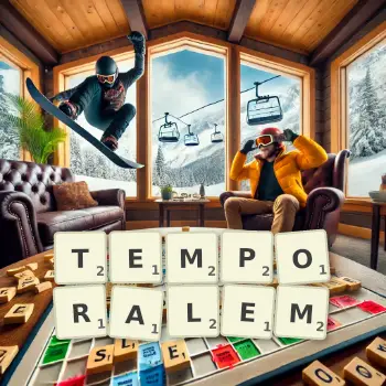 Kreative Illustration für ein Scrabble-Spiel, bei dem das Wort TEMPORALEM mit Steinen auf dem Brett gelegt wurde.