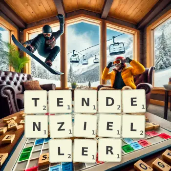 Kreative Illustration für ein Scrabble-Spiel, bei dem das Wort TENDENZIELLER mit Steinen auf dem Brett gelegt wurde.