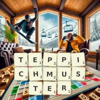 Kreative Illustration für ein Scrabble-Spiel, bei dem das Wort TEPPICHMUSTER mit Steinen auf dem Brett gelegt wurde.