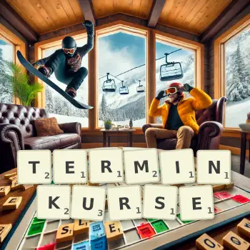 Kreative Illustration für ein Scrabble-Spiel, bei dem das Wort TERMINKURSE mit Steinen auf dem Brett gelegt wurde.