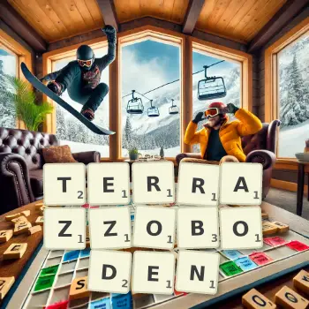Kreative Illustration für ein Scrabble-Spiel, bei dem das Wort TERRAZZOBODEN mit Steinen auf dem Brett gelegt wurde.