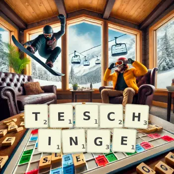 Kreative Illustration für ein Scrabble-Spiel, bei dem das Wort TESCHINGE mit Steinen auf dem Brett gelegt wurde.