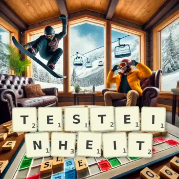 Kreative Illustration für ein Scrabble-Spiel, bei dem das Wort TESTEINHEIT mit Steinen auf dem Brett gelegt wurde.