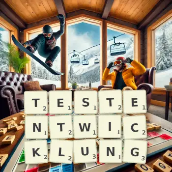 Kreative Illustration für ein Scrabble-Spiel, bei dem das Wort TESTENTWICKLUNG mit Steinen auf dem Brett gelegt wurde.