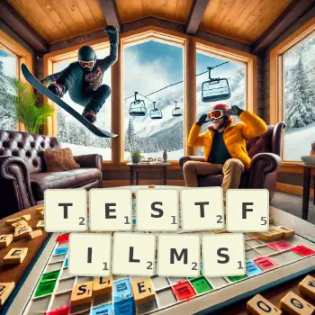 Kreative Illustration für ein Scrabble-Spiel, bei dem das Wort TESTFILMS mit Steinen auf dem Brett gelegt wurde.