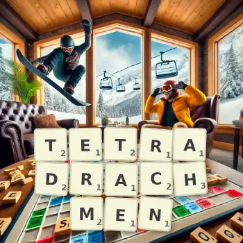 Kreative Illustration für ein Scrabble-Spiel, bei dem das Wort TETRADRACHMEN mit Steinen auf dem Brett gelegt wurde.