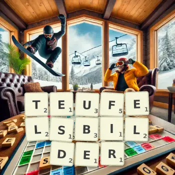 Kreative Illustration für ein Scrabble-Spiel, bei dem das Wort TEUFELSBILDER mit Steinen auf dem Brett gelegt wurde.