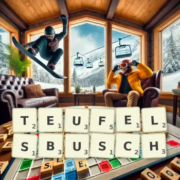 Kreative Illustration für ein Scrabble-Spiel, bei dem das Wort TEUFELSBUSCH mit Steinen auf dem Brett gelegt wurde.