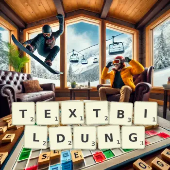 Kreative Illustration für ein Scrabble-Spiel, bei dem das Wort TEXTBILDUNG mit Steinen auf dem Brett gelegt wurde.