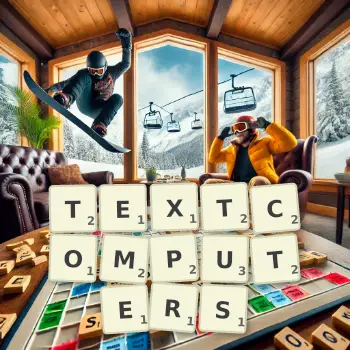 Kreative Illustration für ein Scrabble-Spiel, bei dem das Wort TEXTCOMPUTERS mit Steinen auf dem Brett gelegt wurde.