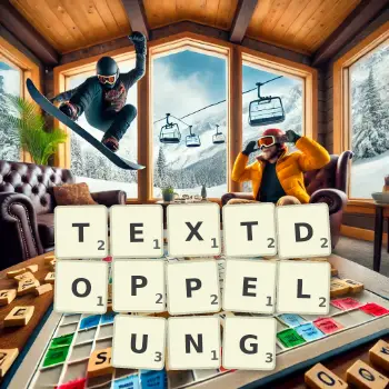 Kreative Illustration für ein Scrabble-Spiel, bei dem das Wort TEXTDOPPELUNG mit Steinen auf dem Brett gelegt wurde.