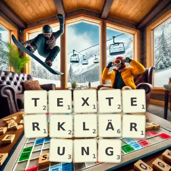 Kreative Illustration für ein Scrabble-Spiel, bei dem das Wort TEXTERKLÄRUNG mit Steinen auf dem Brett gelegt wurde.