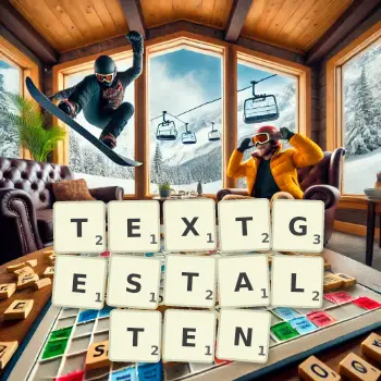 Kreative Illustration für ein Scrabble-Spiel, bei dem das Wort TEXTGESTALTEN mit Steinen auf dem Brett gelegt wurde.