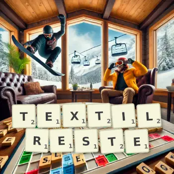 Kreative Illustration für ein Scrabble-Spiel, bei dem das Wort TEXTILRESTE mit Steinen auf dem Brett gelegt wurde.