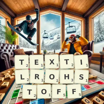 Kreative Illustration für ein Scrabble-Spiel, bei dem das Wort TEXTILROHSTOFF mit Steinen auf dem Brett gelegt wurde.