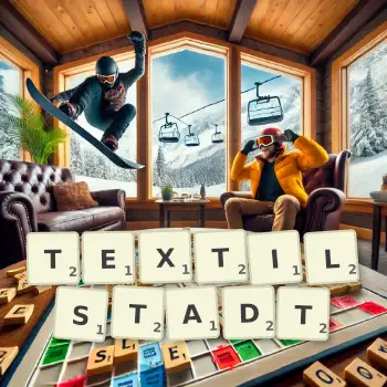 Kreative Illustration für ein Scrabble-Spiel, bei dem das Wort TEXTILSTADT mit Steinen auf dem Brett gelegt wurde.