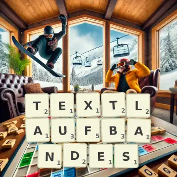 Kreative Illustration für ein Scrabble-Spiel, bei dem das Wort TEXTLAUFBANDES mit Steinen auf dem Brett gelegt wurde.