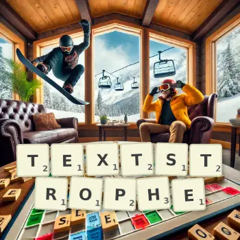 Kreative Illustration für ein Scrabble-Spiel, bei dem das Wort TEXTSTROPHE mit Steinen auf dem Brett gelegt wurde.