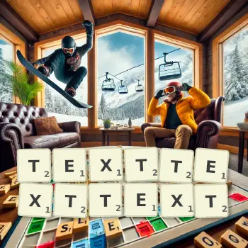 Kreative Illustration für ein Scrabble-Spiel, bei dem das Wort TEXTTEXTTEXT mit Steinen auf dem Brett gelegt wurde.