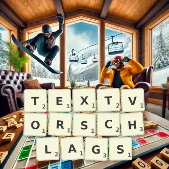 Kreative Illustration für ein Scrabble-Spiel, bei dem das Wort TEXTVORSCHLAGS mit Steinen auf dem Brett gelegt wurde.