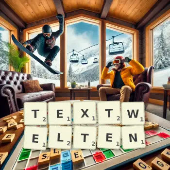 Kreative Illustration für ein Scrabble-Spiel, bei dem das Wort TEXTWELTEN mit Steinen auf dem Brett gelegt wurde.