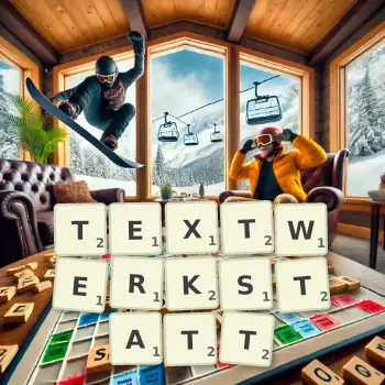 Kreative Illustration für ein Scrabble-Spiel, bei dem das Wort TEXTWERKSTATT mit Steinen auf dem Brett gelegt wurde.