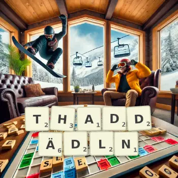 Kreative Illustration für ein Scrabble-Spiel, bei dem das Wort THADDÄDLN mit Steinen auf dem Brett gelegt wurde.