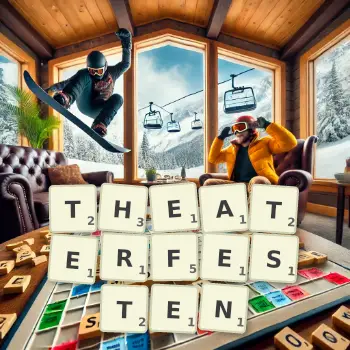 Kreative Illustration für ein Scrabble-Spiel, bei dem das Wort THEATERFESTEN mit Steinen auf dem Brett gelegt wurde.