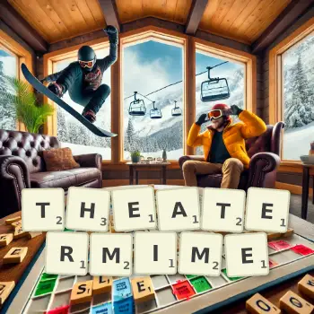 Kreative Illustration für ein Scrabble-Spiel, bei dem das Wort THEATERMIME mit Steinen auf dem Brett gelegt wurde.