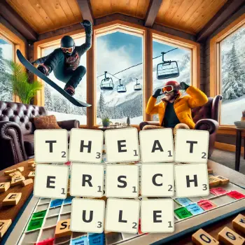 Kreative Illustration für ein Scrabble-Spiel, bei dem das Wort THEATERSCHULE mit Steinen auf dem Brett gelegt wurde.