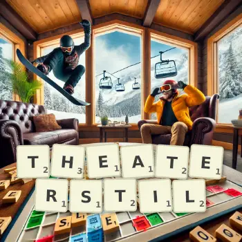 Kreative Illustration für ein Scrabble-Spiel, bei dem das Wort THEATERSTIL mit Steinen auf dem Brett gelegt wurde.