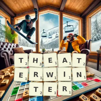 Kreative Illustration für ein Scrabble-Spiel, bei dem das Wort THEATERWINTER mit Steinen auf dem Brett gelegt wurde.