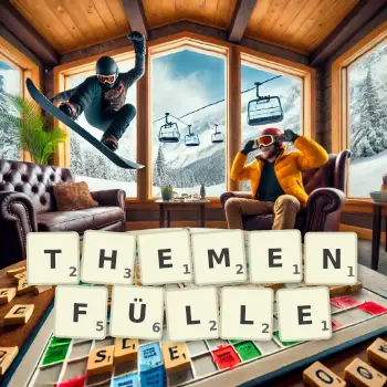 Kreative Illustration für ein Scrabble-Spiel, bei dem das Wort THEMENFÜLLE mit Steinen auf dem Brett gelegt wurde.