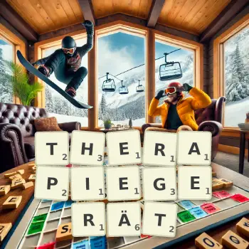 Kreative Illustration für ein Scrabble-Spiel, bei dem das Wort THERAPIEGERÄT mit Steinen auf dem Brett gelegt wurde.