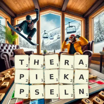 Kreative Illustration für ein Scrabble-Spiel, bei dem das Wort THERAPIEKAPSELN mit Steinen auf dem Brett gelegt wurde.