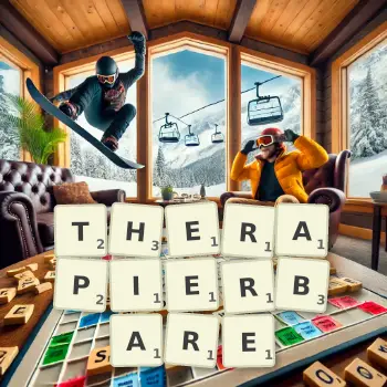 Kreative Illustration für ein Scrabble-Spiel, bei dem das Wort THERAPIERBARE mit Steinen auf dem Brett gelegt wurde.