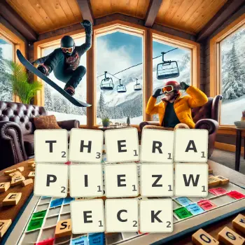 Kreative Illustration für ein Scrabble-Spiel, bei dem das Wort THERAPIEZWECK mit Steinen auf dem Brett gelegt wurde.
